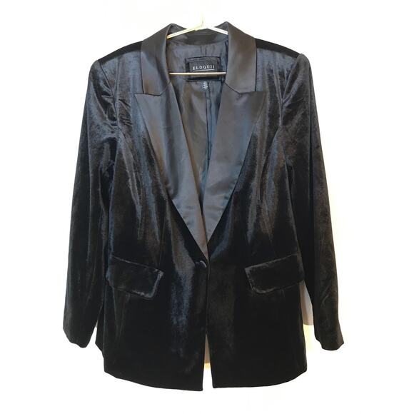 Eloquii Womens Black Velvet Satin 2 Pc Suit Blazer 16 Tuxedo Pants 18 - Picture 3 of 16